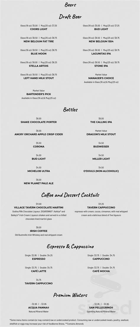 village tavern drink menu.